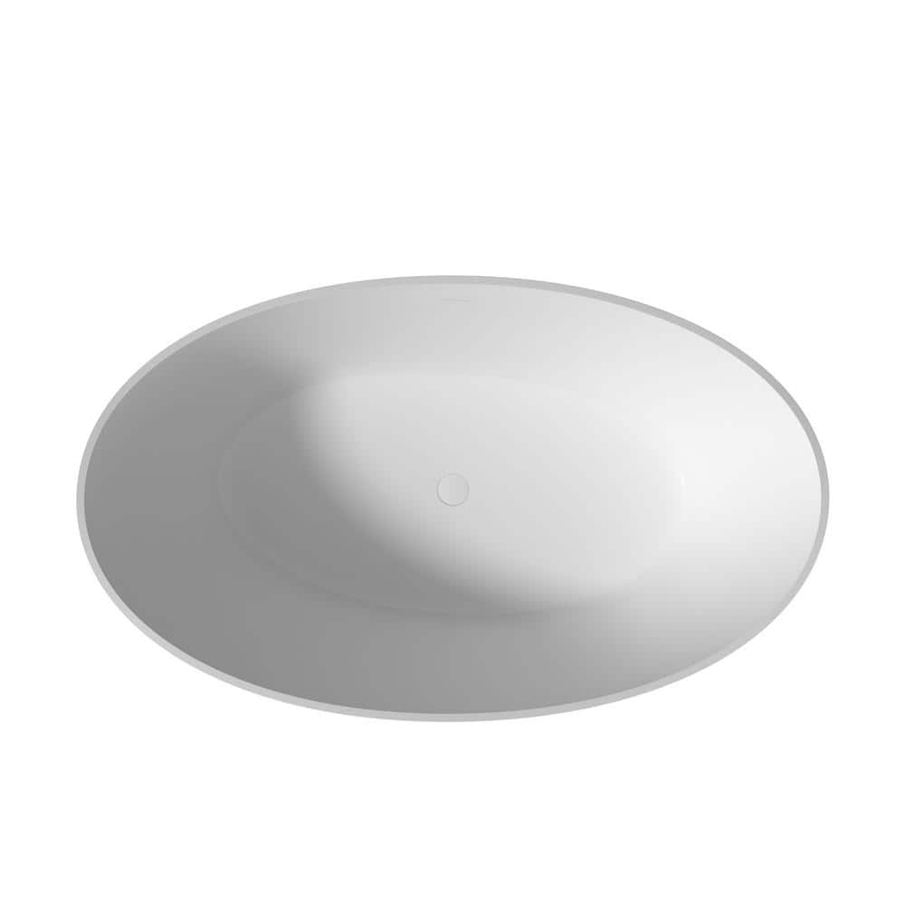 63 in Stone Resin Flatbottom Solid Surface Freestanding Roll Top Soaking Bathtub in White with Brass Drain